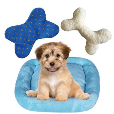 Imagem de Cama Bigata M Tecido Soft Com Comedouro E Ossinho Kit 3 Peças Azul Claro