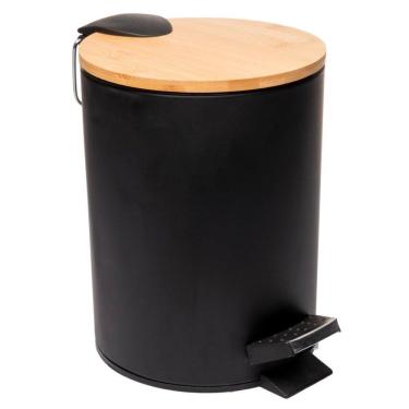 Imagem de Lixeira 5L Redonda de Metal com Pedal e Tampa em Bambu Preta Lyor