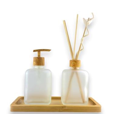 Imagem de Kit Lavabo Banheiro Saboneteira e Difusor Ambiente 260ml, Bandeja em Bambu, Vidro Fosco Branco Luxo