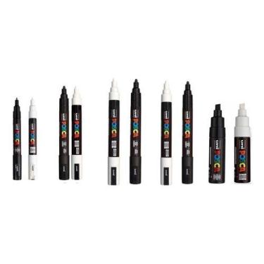 Imagem de Kit 11 Canetas POSCA PC-1M, 3M, 5M e 8K Pretas e Brancas - UNI