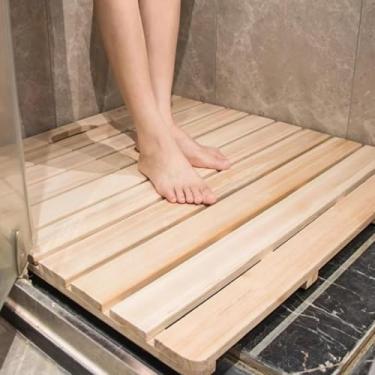Imagem de Tapete De Banho De Madeira Tapete De Chuveiro Spa Para Chuveiros, Banheiras, Pisos, Design De Ripas Padel De Banho De Madeira Natural, Acessórios De Ba, One Color, 90 x 100 cm (35 3/8 x 39 3/8")