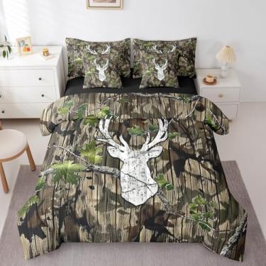 Imagem de Feelyou Conjunto de cama de caça de veado para crianças, 7 peças, tamanho queen, cama de caça de camuflagem e folha de camuflagem com lençol com lençol para meninos e meninas, animais selvagens