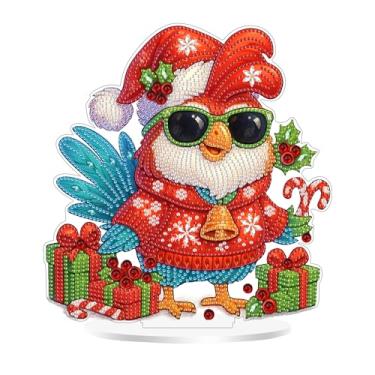 Imagem de SOURMO Enfeite de pintura de arte de diamante de mesa de Natal, kit de placa de pintura de diamantes acrílicos DIY para adultos, pintura artística de pedra de cristal no suporte (galinha de Natal)