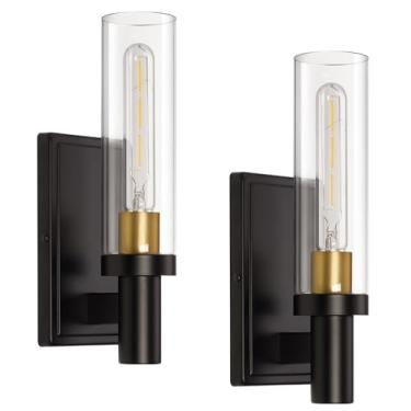 Imagem de Alolvios Conjunto de 2 arandelas de parede de 1 luz, arandelas de banheiro modernas com vidro transparente, luzes de montagem na parede de latão preto e escovado para sala de estar, corredor, espelho