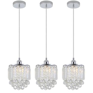 Imagem de Sheenkarion Pacote com 3 luzes pendentes de cristal decorativo, lustre de cristal cromado para cozinha, ilha, sala de jantar, sala de estar, bar, luminária, cabo, ajustável, pendurado