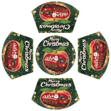 Imagem de Jogo americano redondo conjunto de 4 maçãs de Natal com cunha de Papai Noel com centro de mesa, lavável e resistente ao calor, tapetes de mesa para mesa de jantar - 5 peças