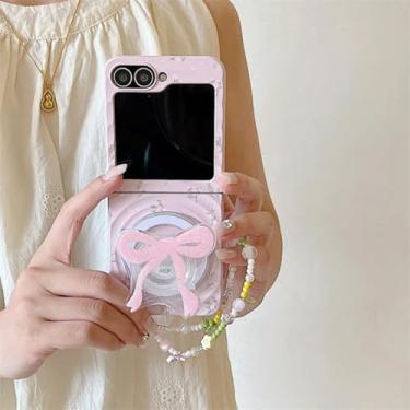 Imagem de Capa para Galaxy Z Flip5 com estampa de flor pequena e fofa, capa magnética com suporte de laço e corrente (para Galaxy Z Flip5/com suporte de corrente)