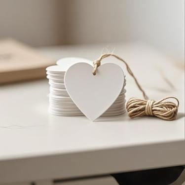 Imagem de 100 etiquetas de presente de papel kraft com barbante, etiquetas de preço em branco, etiquetas de pendurar para etiqueta de artesanato, casamento, Natal, Halloween, dia das mães (branco)