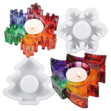 Imagem de 2 peças de moldes de resina de Natal, suporte de vela de árvore de floco de neve, molde de resina de silicone, molde de fundição epóxi de Natal 3D, suporte de bugiganga de joias votivas DIY Tealight