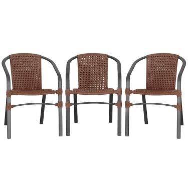 Imagem de 03 Cadeiras Floripa Alumínio Pintura Preta Trama Original Marrom