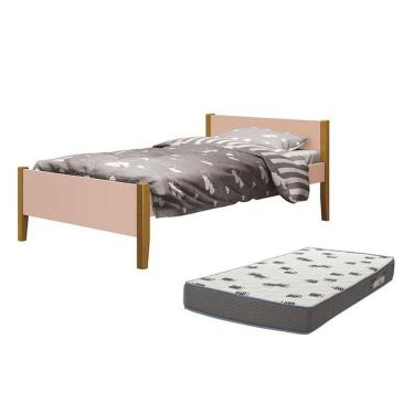 Imagem de Cama Solteiro Simba Rosa Fosco Pés Amadeirado Com Colchão D33 - Reller Móveis Rosa Fosco