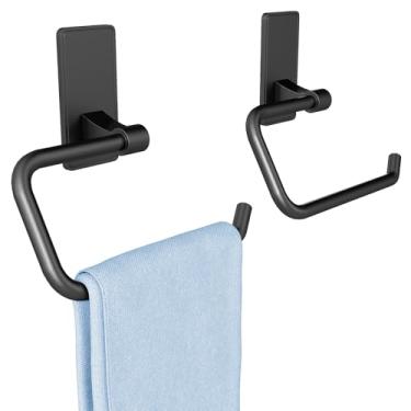 Imagem de Anel de toalha de 2 peças, suporte de toalha de mão adesivo para banheiro, cabides de toalha de estilo moderno, suporte de toalha de mão montado na parede para banheiro, preto fosco