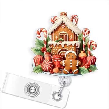 Imagem de Porta-crachá de Natal fofo para casa de doces de gengibre, carretel retrátil com clipe jacaré, porta-crachá de identificação de folha de azevinho, clipes de acrílico para enfermeiras, estudantes de