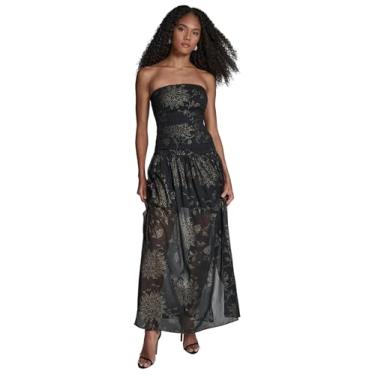 Imagem de BCBG Vestido maxi feminino sem alças com gola redonda e cintura caída, Preto/dourado, 46