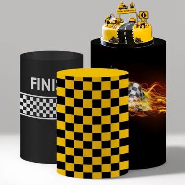 Imagem de MvoVitality Conjunto de capa cilíndrica de elastano com tema de corrida para mesa de sobremesa – desenhos de pista de corrida amarela e preta e bandeira quadriculada – perfeita para corridas de carro