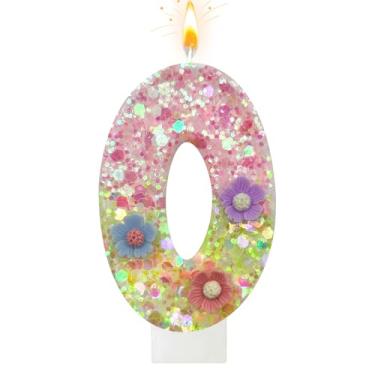 Imagem de Velas de aniversário de flores silvestres - Vela número 0 para topos de bolo, velas de macaron para decorações de festa temática doce, aniversário de casamento e outras celebrações (0 vela)