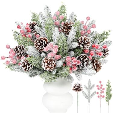 Imagem de Conjunto de 60 ramos de pinheiro artificial com neve branca, hastes de vegetação de Natal com pinhas e bagas de azevinho vermelho, agulhas falsas de pinheiro de cedro para guirlanda de árvore de Natal