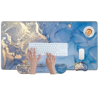 Imagem de Tapete de mesa de mármore azul grande conjunto de mouse pad e teclado descanso de pulso 3 em 1 tapete protetor de mesa XXL teclado com suporte de pulso para capa de mesa casa trabalho escritório
