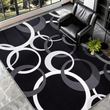 Imagem de YIHOUSE Tapetes de área de 1,2 m x 1,8 m, tapete lavável com círculo concêntrico, moderno preto e branco, tapetes finos antiderrapantes para sala de estar, sala de jantar, escritório, sala de jogos