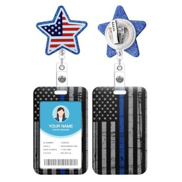 Imagem de Soleebee Porta-crachá de identificação com carretel retrátil, carretel de acrílico para crachá azul e preto com suporte para cartão, clipe de crachá com clipe de jacaré giratório de 360° para