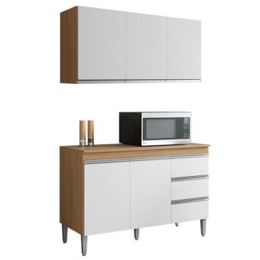 Imagem de Balcão De Cozinha Com Tampo 120cm E Armário Aéreo Andreia Amêndoa Branco - Ajl