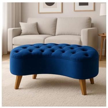 Imagem de Puff Feijão Estofado em Veludo com Pés de Madeira – Banqueta Curvada Decorativa para Sala e Recepção(Azul Marinho)