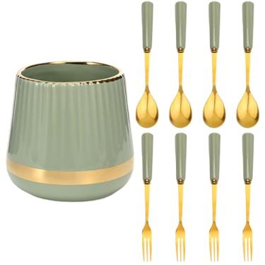 Imagem de 8 colheres de café e garfos com suporte de pote de cerâmica, pequena colher de chá dourada de aço inoxidável, conjunto de mini colheres de sobremesa para frutas, mexer, misturar, açúcar, sorvete, bolo