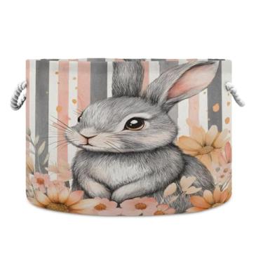 Imagem de JUZIHAI Cesto de armazenamento grande de coelho fofo, cesto de roupa suja dobrável à prova d'água com alças de corda de algodão para organização doméstica no quarto, banheiro e carro