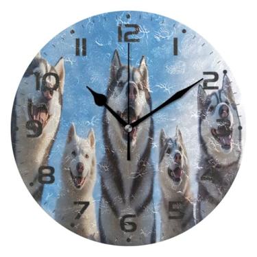 Imagem de JUZIHAI Husky Dogs Relógio de parede silencioso, redondo, sem tique-taque, operado por bateria, fácil de ler, relógio decorativo de parede para casa, cozinha, sala de estar, quarto, escritório, 25 cm