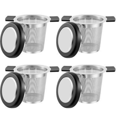 Imagem de 4 coadores de chá para chá solto, aço inoxidável, infusor de chá de grande capacidade, difusor de chá de malha fina com tampa de silicone e alças duplas à prova de calor para bules de chá, canecas
