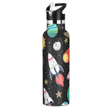 Imagem de Garrafa de água isolada de aço inoxidável de 590 ml com tampa de canudo para bebidas frias ou quentes, desenhos animados planetas pretos, à prova de vazamento, livre de BPA, copos de viagem para