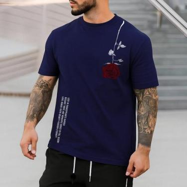 Imagem de Camiseta Masculina Floral Diverse Camisa 100% Algodão, Azul marinho, G