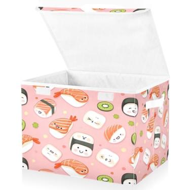 Imagem de Blueangle Cestos de armazenamento Sushi Kawaii com tampas, 42 x 32 x 30 cm, cesta organizadora grande dobrável para decoração de escritório e armário (194)