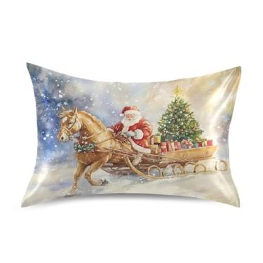 Imagem de Blueangle Fronha de cetim de rena de Papai Noel para cabelo e pele, fronha de seda, tamanho padrão (50,8 x 66 cm) - Capas de travesseiro de cetim refrescantes com fecho de envelope (838)