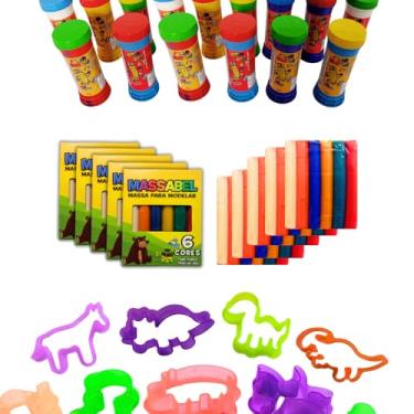 Imagem de Kit de Massinha de Modelar Infantil com 60 Forminhas de Safari e Dino + 30 Bolhas de Sabão - Criatividade e Diversão para Crianças