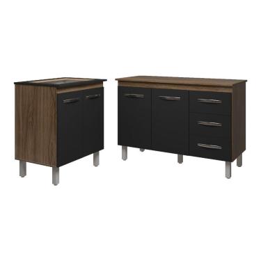 Imagem de Balcão Para Cooktop 4 Bocas Fran E Armário Bruna 118 Cm Cozinha Gabinete Preto Com Tampo Tampão