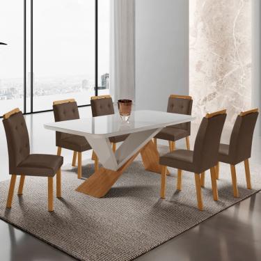 Imagem de Mesa de Jantar Yasmin 180cm Tampo MDF Vidro Canto Copo com 6 Cadeiras Carol
