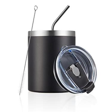 Imagem de MEWAY Caneca de viagem isolada a vácuo de parede dupla de 340 g, copo de aço inoxidável com tampa, copo de café isolado com revestimento de pó durável para bebidas frias e quentes (preta, 1)