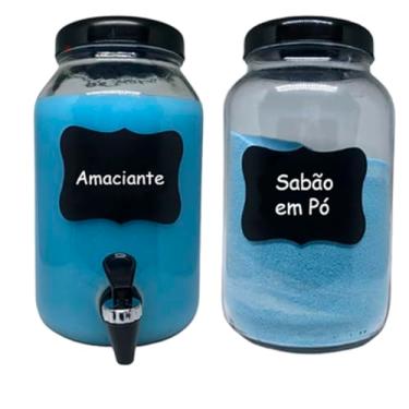 Imagem de GIGANTE DO ABC KIT LAVANDERIA 1 POTE PARA SABÃO EM PÓ E UM POTE COM TORNEIRA PARA SABÃO LIQUIDO OU AMACIANTE, AZUL, VIDRO, 3 LITROS, PRETO