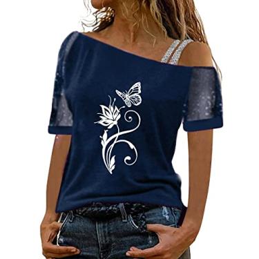 Imagem de Blusas femininas com ombro de fora para sair com ombros de fora, de manga curta, sexy, blusas casuais de verão, camisas frente única, túnica de formatura, Azul, GG
