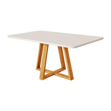Imagem de Mesa de Jantar Tampo 120x90 MDF/Vidro para 4 Lugares Pés Madeira Maciça Pérola Mel/OffWhite
