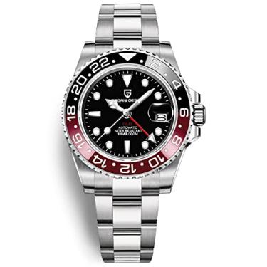 Imagem de Pagani Design PD-1662 GMT Relógio masculino de 40 mm, movimento mecânico automático, data analógica, vidro de safira sintético luminoso, aço inoxidável, 100 m, resistente à água, 3, preto, vermelho, Lazer, moda, viagens. Piloto, mergulho, mergulhador, esportes, negócios, presente de dia dos namorado