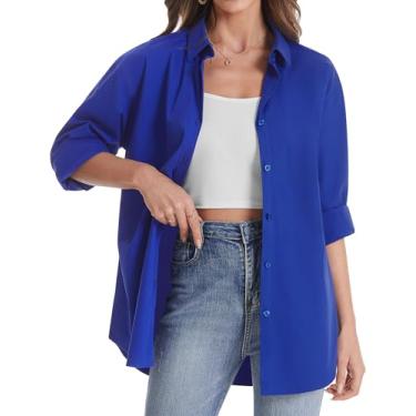 Imagem de J.VER Camisa feminina de botão grande casual manga longa leve respirável de algodão sólido camisa social para escritório, Azul royal, XXG