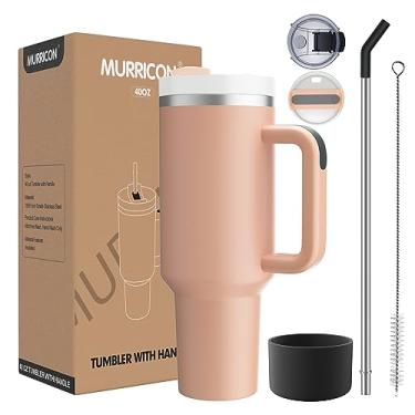 Imagem de MURRICON Copo de 1,18 l com alça e canudo, copo de quencher a vácuo reutilizável com tampa, caneca de viagem isolada de aço inoxidável, para café e bebidas (rosa rosa)