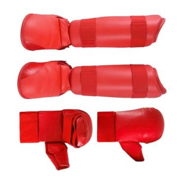 Imagem de rockible Conjunto de equipamentos de sparring de caratê Luvas de boxe Caneleiras Luvas de soco Luvas de saco de pancadas Equipamento de boxe para luta livre, Vermelho, M