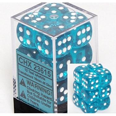 Imagem de Chessex Bloco de dados translúcido D6 - 12 dados pipped - azul-petróleo com branco