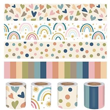 Imagem de Boho, borda para quadro de avisos para sala de aula, arco-íris, corações, bordas, adesivos coloridos de bordas retas para decoração de sala de aula, mesa de quadro-negro escolar