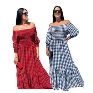Imagem de Vestido xadrez manga longa plus size feminino ajustável ao corpo adult