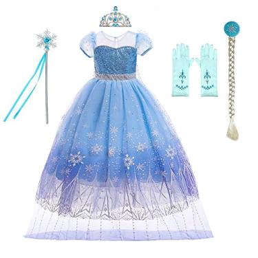 Imagem de IZKIZF Fantasia de princesa Elsa Frozen, Rainha da Neve, Halloween, festa de aniversário, cosplay, fantasia extravagante com acessórios 7-8 anos