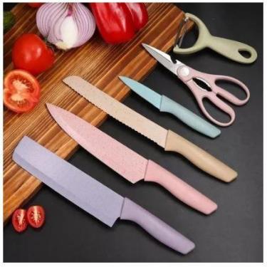 Imagem de kit Facas Coloridas Tesoura Jogo De Cozinha Inox Alta Resistência Aco 